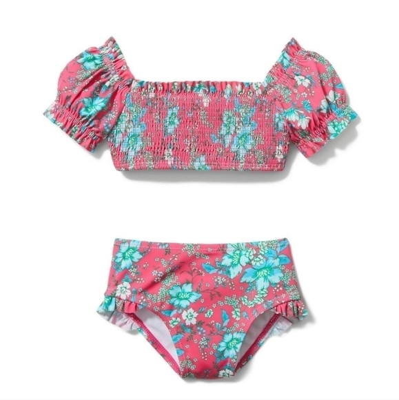 JANIE AND JACK FLORAL PUFF SLEEVE 2-PIECE SWIMSUIT IN PINK TART FLORAL SIZE 4 - Picture 15 of 15